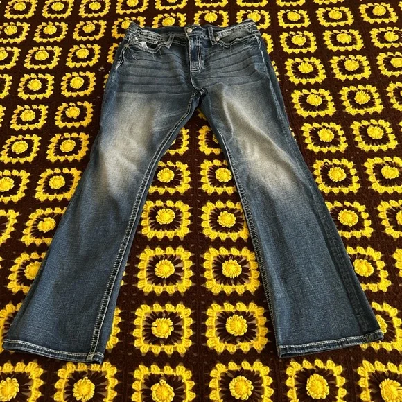 Navy Blue Miss Me Los Angeles Mid Rise Boot Cut Embroidered Floral Denim Jeans - Picture 2 of 6